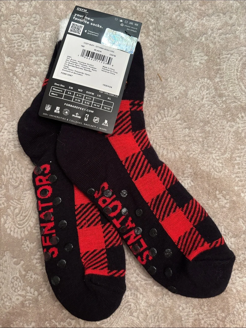 Brand New For Bare Feet Ottawa Senators NHL Grip Socks Black & Red Buffalo Plaid